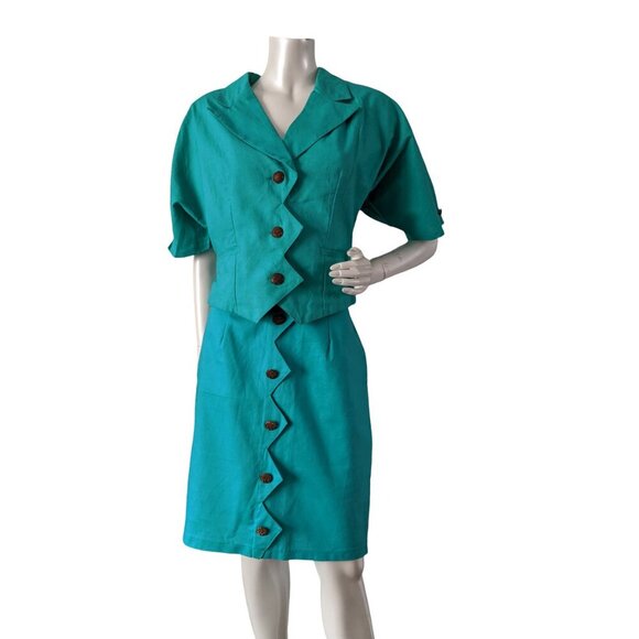 Vintage Nok Nok Jacket & Skirt Set Asymmetrical Button Up ZigZag Front Teal Blue - Picture 12 of 15